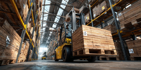 Forklift moving lumber in a spacious warehouse. Generative AIの素材