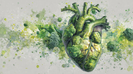 heart made of vegetables and herbs floating in white space with green particles. Generative AIの素材