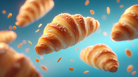 Golden Croissants Floating with Flaky Crumbs. Generative AIの素材