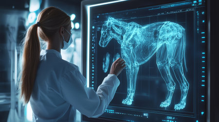 Veterinarian analyzing a pet X-ray on a digital screen, futuristic medical setting. Generative AIの素材