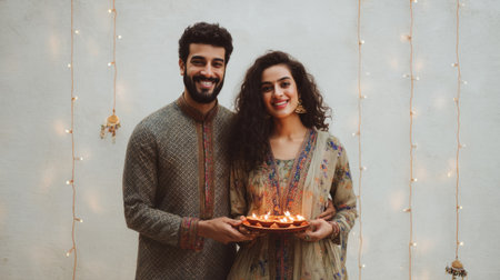 Indian couple in ethnic attire posing beside string lights, diya tray in hands, romantic festive background. Generative AIの素材