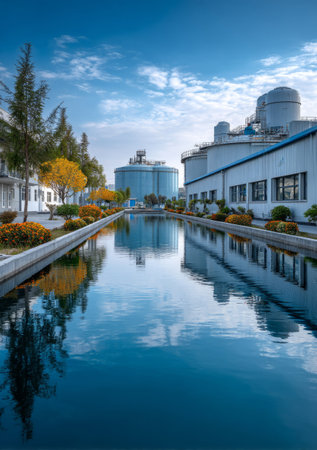 Modern urban water treatment plant with blue sky and reflective water. Generative AIの素材