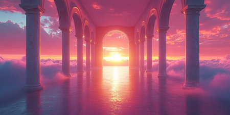 Airy, marble arches rise above the clouds. The rising sun with golden light. Generative AIの素材