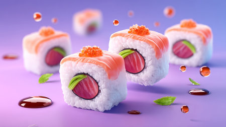 Sushi rolls fly with drops of soy sauce. Generative AIの素材