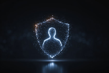 Trust and protection metaphor glowing shield forming around user identity icon. Generative AIの素材