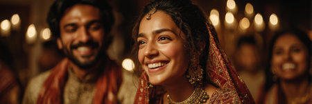 Friends celebrating Eid and Diwali together with mixed attire and joyful expressions. Generative AIの素材