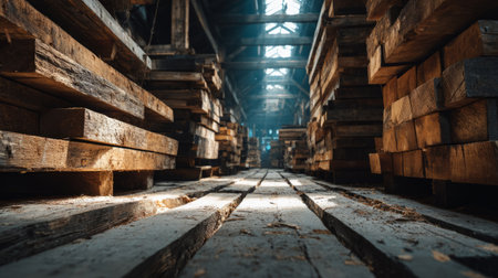 Organized warehouse with rows of wooden planks and timber boards. Generative AIの素材