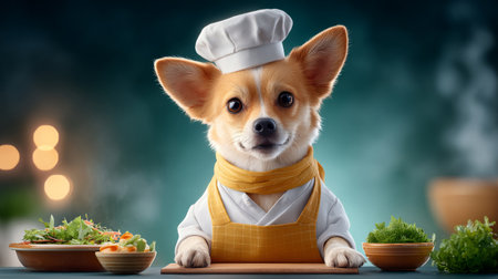 chihuahua dressed as a chef skillfully preparing gourmet dishes. Generative AIの素材