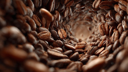 Floating roasted beans in a vortex spiral. Generative AIの素材