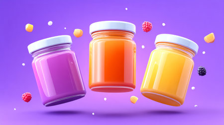 Colorful Assortment of Fruit Jam Jars. Generative AIの素材