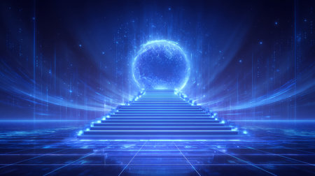 conceptual startup launch theme, glowing steps ascending floating light orb, surrounded by tech grids. Generative AIの素材