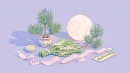 symbolic Chuseok elements: full moon, rice stalks, pine needles, and hanbok ribbon. Generative AIの素材