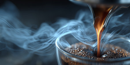 Steam swirling in soft focus while espresso pours cleanly in center frame. Generative AIの素材