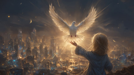 child releases a dove from a rooftop, and rays of peace extend to the city's horizon. Generative AIの素材