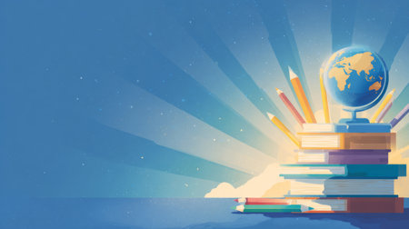 Stack of books with a glowing globe and pencils arranged like sun rays, Knowledge Day celebration concept. Generative AIの素材
