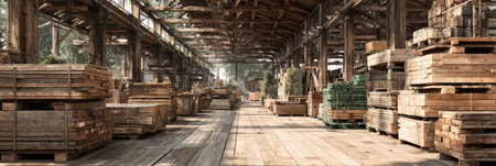 warehouse with pine boards, plywood, and MDF panels in wooden racks. Generative AIの素材