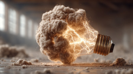 Surreal light bulbs bursting with electricity and smoke clouds, symbolizing explosive ideas, innovation, and powerful energy in dramatic visuals. Generative AIの素材
