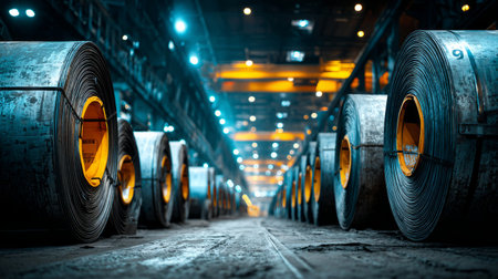 Steel coil storage warehouse with massive rolls of metal stacked. Generative AIの素材