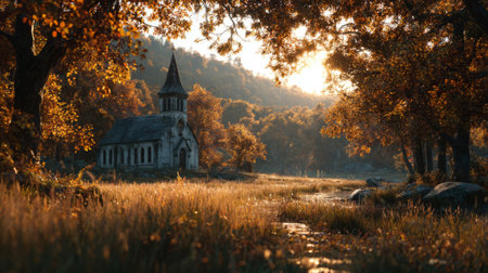 Golden autumn landscape with a softly illuminated church silhouette. Generative AIの素材