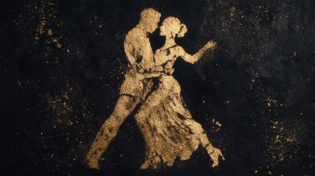 stylized silhouette of tango couple in gold foil on matte black background with glittering accents. Generative AIの素材