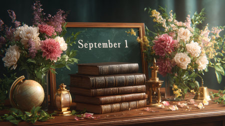 globe, books, bell, bouquet chalkboard with September 1 Generative AIの素材