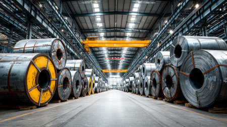 Steel coil storage warehouse with massive rolls of metal stacked. Generative AIの素材