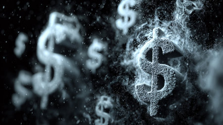 Fantasy-inspired dollar symbols made of fluffy, textured material float in a dreamy. Generative AIの素材