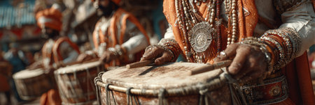 Traditional Odia musicians playing drums and cymbals during Ratha Yatra. Generative AIの素材