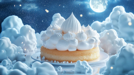 sophisticated dessert with airy meringue-like clouds under the moonlight. Generative AIの素材