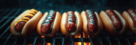 Hot dogs with perfect grill marks on a backyard barbecue. Generative AIの素材