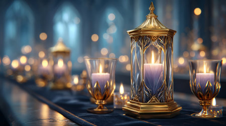 Luxurious Eid al-Adha background, gold leaf, and glowing lantern motifs. Generative AIの素材