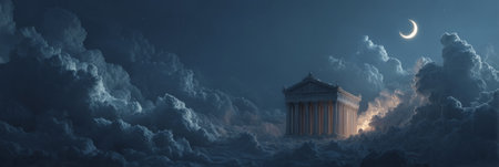 Fantasy Temple and Palace Above the Clouds Under Crescent Moon. Generative AIの素材