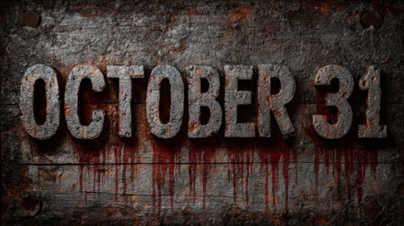 Dark Halloween-style visuals featuring October 31st in bloody, weathered letters set in an eerie, apocalyptic setting. Generative AIの素材