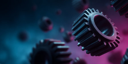 Futuristic close-up of metal gears and cogs. Generative AIの素材