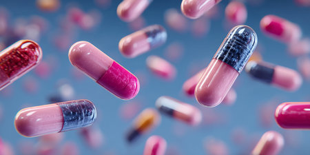 Floating Transparent Capsules with Colorful Granules. Generative AIの素材