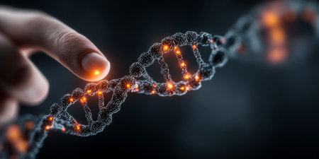 Doctor reviewing a floating DNA strand with interactive genetic markers. Generative AIの素材