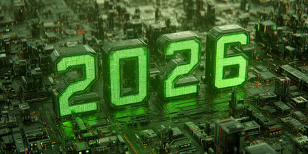 Glowing 2026 Text on Futuristic Circuit Board. Generative AIの素材