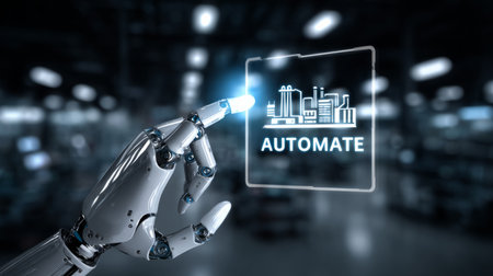 chrome robotic hand pressing control panel icon labeled AUTOMATE with digital factory hologram in background. Generative AIの素材