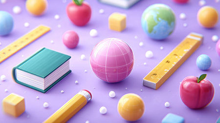 Chaotic but colorful swarm of education icons like books, globes, rulers, pastel background. Generative AIの素材