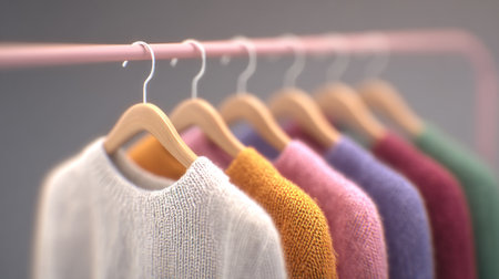 Colorful Casual Sweaters and T-Shirts on Hangers. Generative AIの素材