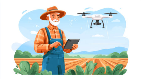natural soft lighting, new generation farmer using tablet beside drone hovering over crop field. Generative AIの素材