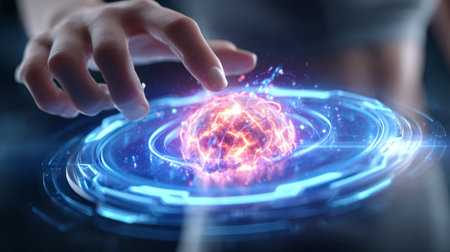 Data scientist feeding datasets into a glowing AI core hologram. Generative AIの素材