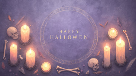 Mystical Halloween Pentagram Ritual Circles,glowing with magical runes, skulls, candles. Generative AIの素材