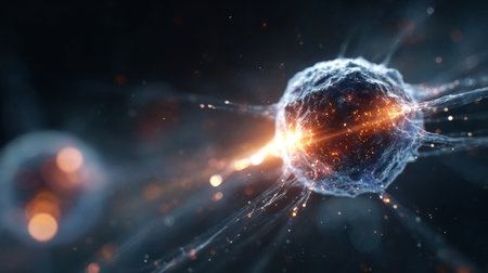 lowing biological cells or viruses emitting radiant energy and light trails in a dark fluidic environment. Generative AIの素材