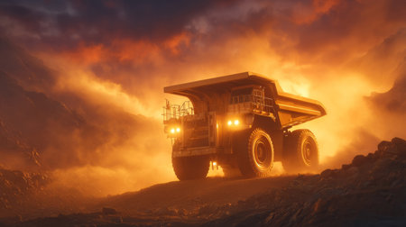 Gigantic mining dump truck driving through rugged terrain at sunset, surrounded by swirling dust clouds. Generative AIの素材
