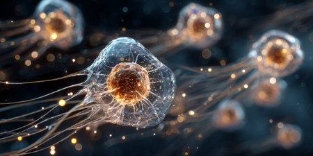 Futuristic Visualization of Glowing Cells and Microorganisms. Generative AIの素材