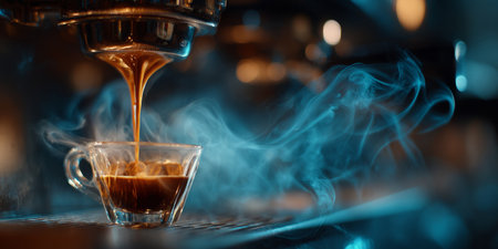 Close-Up Espresso Pouring from Coffee Machine. Generative AIの素材