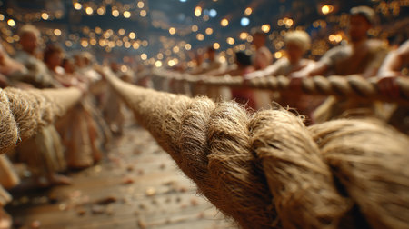 Devotees pulling ropes of the chariot barefoot, expressing devotion and joy. Generative AIの素材