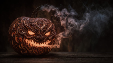 Sinister Glowing Jack-O'-Lantern in Smoke. Generative AIの素材