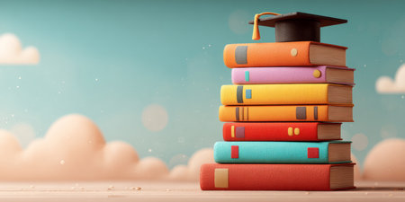 stack of books gently piling up with a graduation cap appearing on top. Generative AIの素材